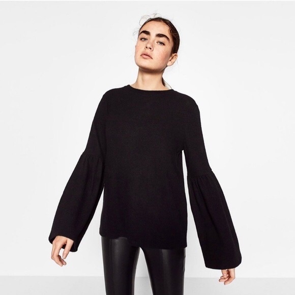 Zara Trafaluc Fuzzy Black Bell Sleeve Crew Neck Sweater - Picture 2 of 8